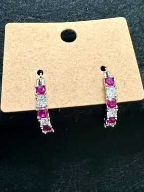 Hoop Earrings Raspberry and Clear Round Cubic Zirconia Sparkly Silver-tone New